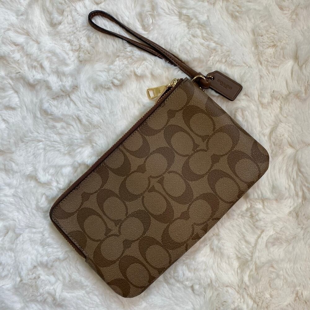 COACH Double Zip Wallet Wristlet in Signature Coated Canvas in Classic Khaki - Picture 7 of 13